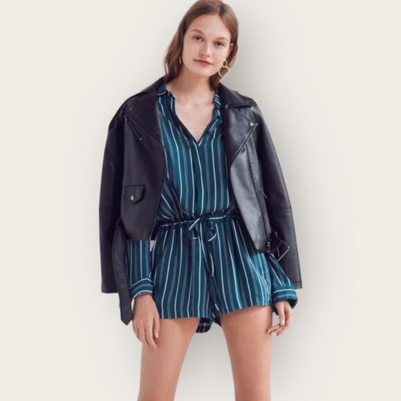 Urban Outfitters Silence + Noise Benji Striped Button-Down Romper Medium Green - Picture 10 of 10
